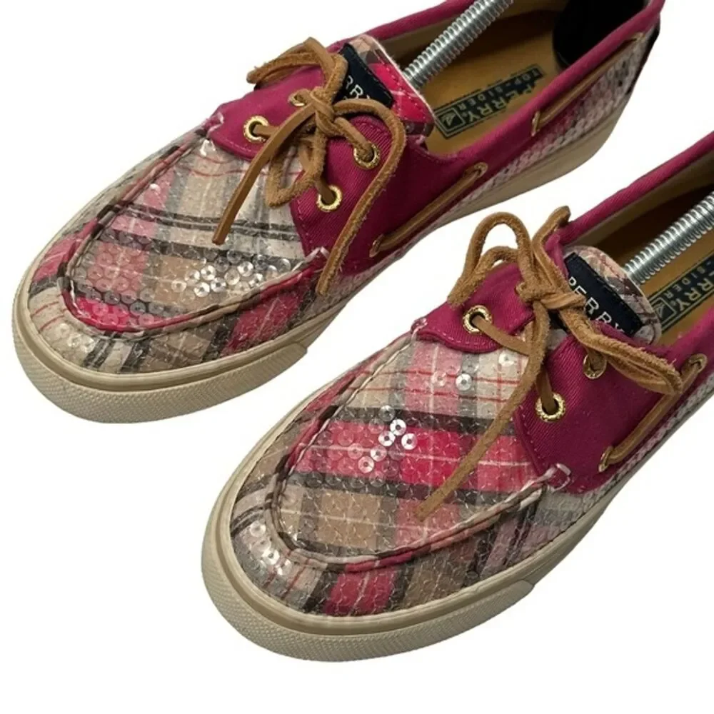 Sperry Bahama Boat Shoes Womens 7M Pink Plaid Fuchsia Sequin Slip On 9448226
